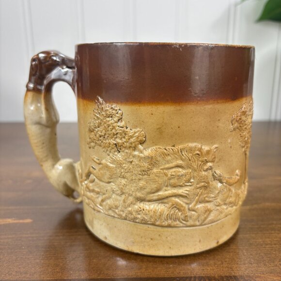 Antique Salt Glaze Hunting Mug with Hound Handle 1800s Stoneware Tankard - Picture 4 of 14